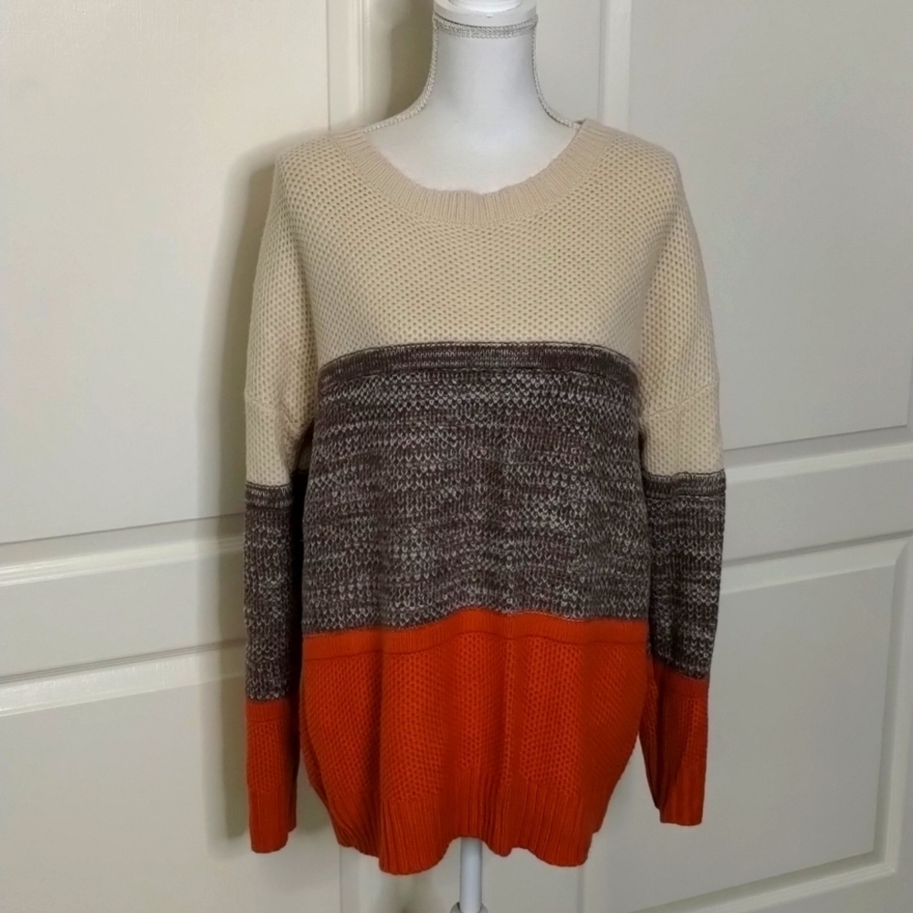 Blue Chic women's large fall color block sweater orange tan and cream